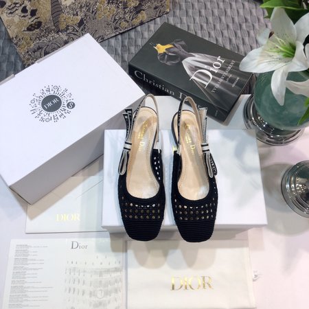 Dior Slingback hollow mesh rattan plaid three-dimensional embroidery pattern slingback flat women s shoes with letter logo webbing square toe thick hi