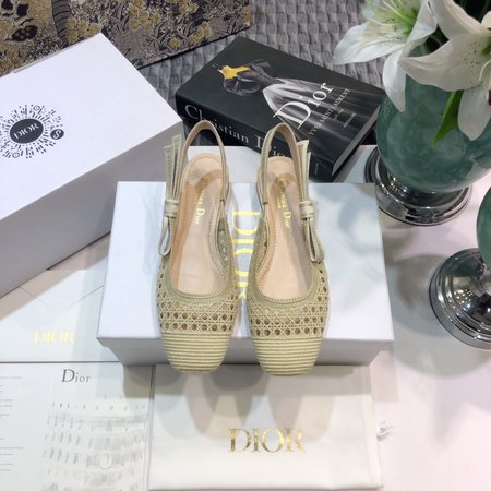 Dior Slingback hollow mesh rattan plaid three-dimensional embroidery pattern slingback flat women s shoes with letter logo webbing square toe thick hi