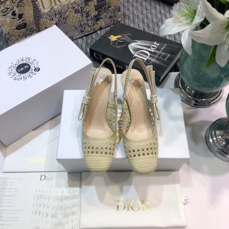 Dior Slingback hollow mesh rattan plaid three-dimensional embroidery pattern slingback flat women s shoes with letter logo webbing square toe thick hi