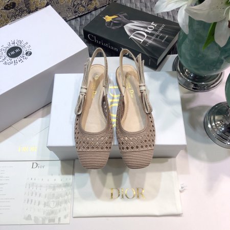 Dior Slingback hollow mesh rattan plaid three-dimensional embroidery pattern slingback flat women s shoes with letter logo webbing square toe thick hi