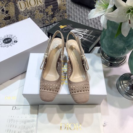 Dior Slingback hollow mesh rattan plaid three-dimensional embroidery pattern slingback flat women s shoes with letter logo webbing square toe thick hi