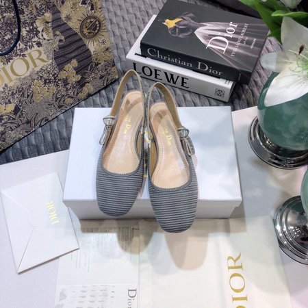 Dior Slingback Embroidered Jacquard Letter Logo Ribbon Square Toe Thick High Heel Bow Women Sandals Flat Women Shoes