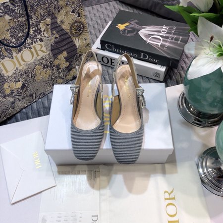 Dior Slingback Embroidered Jacquard Letter Logo Ribbon Square Toe Thick High Heel Bow Women Sandals Flat Women Shoes