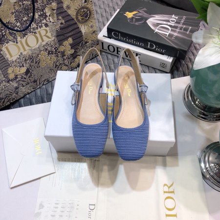 Dior Slingback Embroidered Jacquard Letter Logo Ribbon Square Toe Thick High Heel Bow Women Sandals Flat Women Shoes