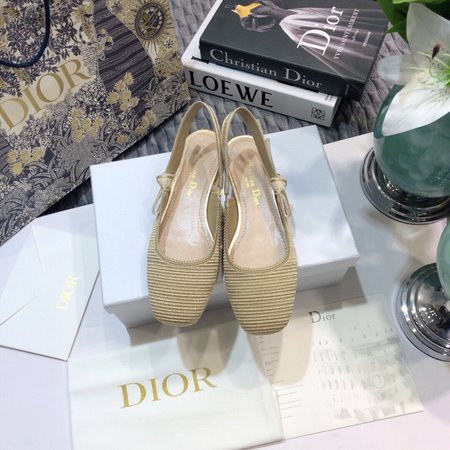 Dior Slingback Embroidered Jacquard Letter Logo Ribbon Square Toe Thick High Heel Bow Women Sandals Flat Women Shoes