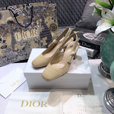 Dior Slingback Embroidered Jacquard Letter Logo Ribbon Square Toe Thick High Heel Bow Women Sandals Flat Women Shoes