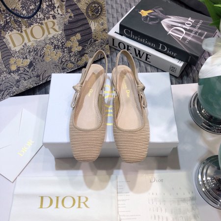 Dior Slingback Embroidered Jacquard Letter Logo Ribbon Square Toe Thick High Heel Bow Women Sandals Flat Women Shoes