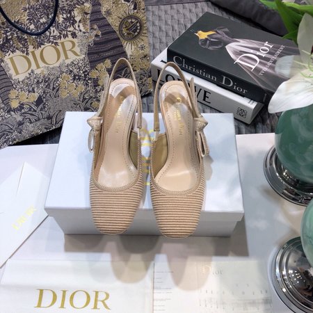 Dior Slingback Embroidered Jacquard Letter Logo Ribbon Square Toe Thick High Heel Bow Women Sandals Flat Women Shoes