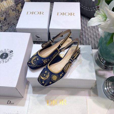 Dior Three-dimensional embroidery pattern slingback letter logo ribbon square toe thick high-heeled bow women sandals flat shoes