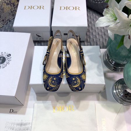 Dior Three-dimensional embroidery pattern slingback letter logo ribbon square toe thick high-heeled bow women sandals flat shoes