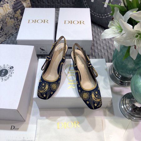 Dior Three-dimensional embroidery pattern slingback letter logo ribbon square toe thick high-heeled bow women sandals flat shoes