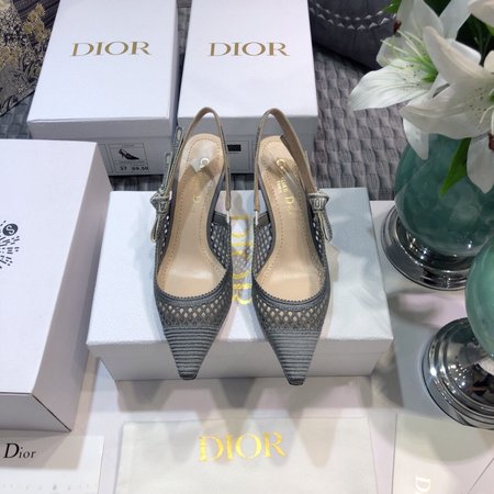 Dior Slingback Hollow Embroidered Mesh Women s Shoes Letter Logo Ribbon Bowknot Square Toe High Heel Sandals