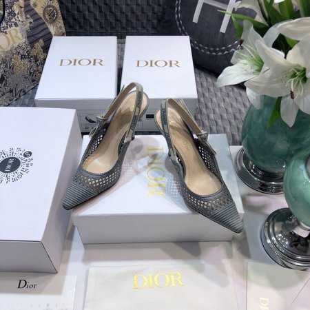 Dior Slingback Hollow Embroidered Mesh Women s Shoes Letter Logo Ribbon Bowknot Square Toe High Heel Sandals