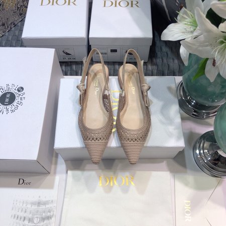 Dior Slingback Hollow Embroidered Mesh Women s Shoes Letter Logo Ribbon Bowknot Square Toe High Heel Sandals