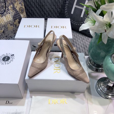 Dior Slingback Hollow Embroidered Mesh Women s Shoes Letter Logo Ribbon Bowknot Square Toe High Heel Sandals