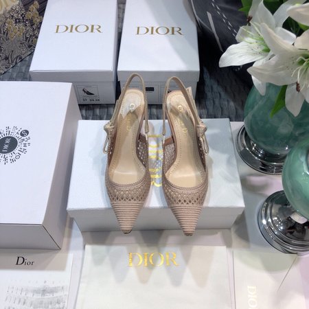 Dior Slingback Hollow Embroidered Mesh Women s Shoes Letter Logo Ribbon Bowknot Square Toe High Heel Sandals