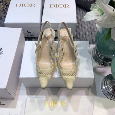 Dior Slingback Hollow Embroidered Mesh Women s Shoes Letter Logo Ribbon Bowknot Square Toe High Heel Sandals