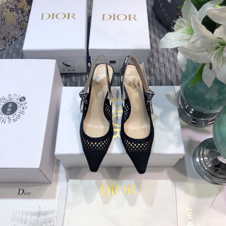 Dior Slingback Hollow Embroidered Mesh Women s Shoes Letter Logo Ribbon Bowknot Square Toe High Heel Sandals