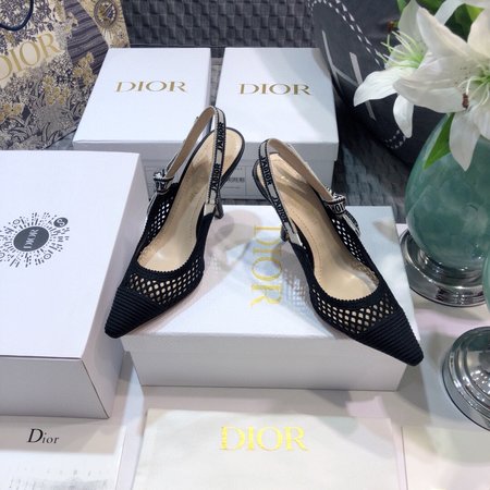 Dior Slingback Hollow Embroidered Mesh Women s Shoes Letter Logo Ribbon Bowknot Square Toe High Heel Sandals