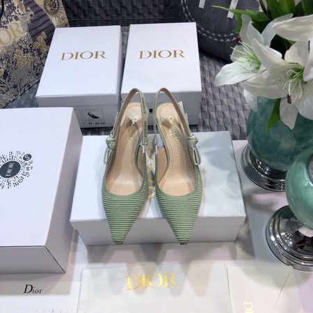 Dior Slingback Hollow Embroidered Mesh Women s Shoes Letter Logo Ribbon Bowknot Square Toe High Heel Sandals