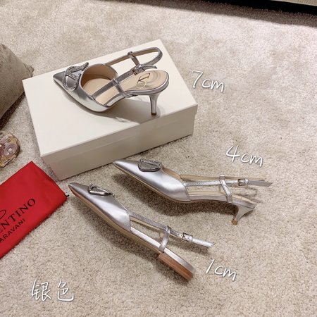 Valentino Silver V diamond buckle pointed toe slingback sandals in sheepskin