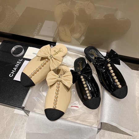 Chanel Slippers bowknot pearl soft patent leather