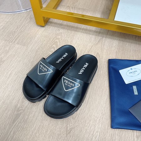 Prada Triangle Logo Rhinestone Leather Slippers