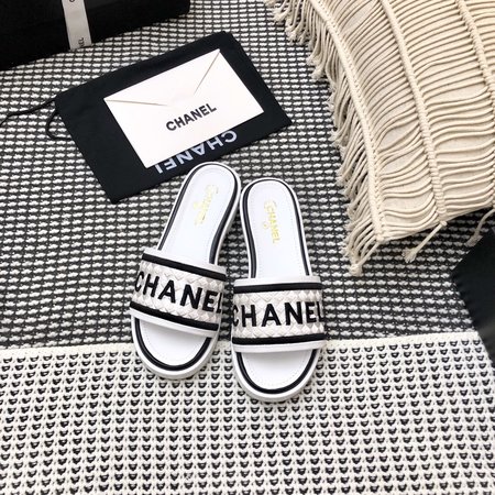 Chanel Logo Tweed Slippers