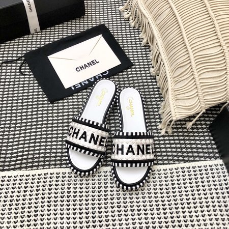 Chanel Logo Tweed Slippers