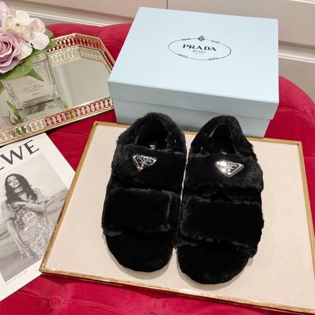 Prada Classic Triangle Logo Series Furry Slippers