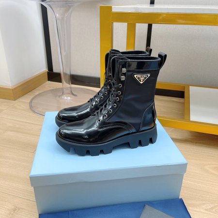 Prada Martin boots with triangle buckle lace-up short boots cowhide nylon heel height: 4.5cm