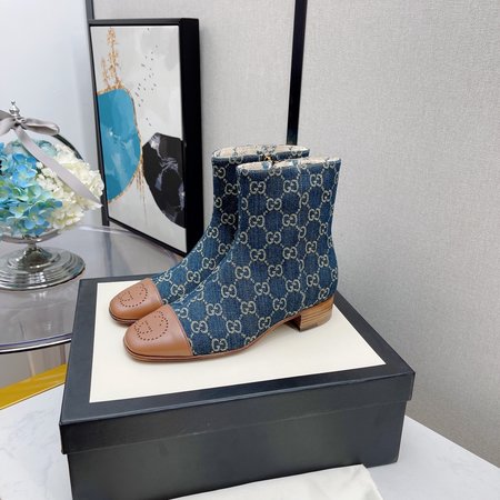 Gucci Interlocking block heel square toe short boots lambskin/denim