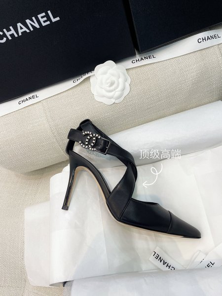 Chanel Vintage CC black crystal diamond cross strap high heels