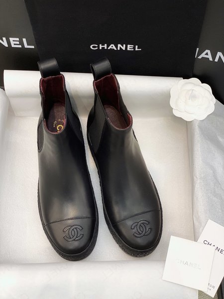 Chanel Vintage CC lock flat-bottomed Chelsea boots/boots cowhide inner sheep leather