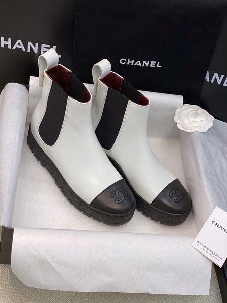 Chanel Vintage CC lock flat-bottomed Chelsea boots/boots cowhide inner sheep leather