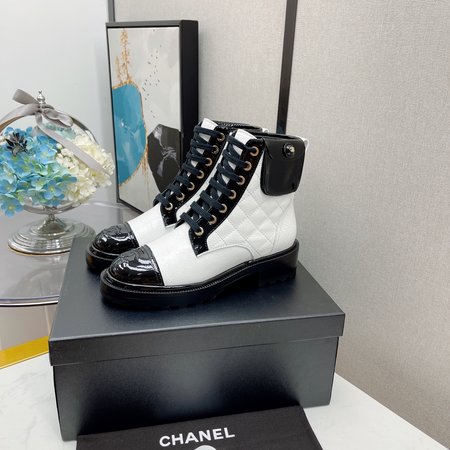 Chanel Moto boots lace up ankle boots classic rhombus and pearl inner CC big logo