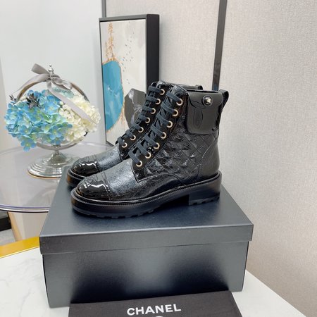 Chanel Moto boots lace up ankle boots classic rhombus and pearl inner CC big logo