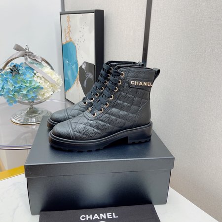 Chanel Moto boots lace up ankle boots classic rhombus and pearl inner CC big logo