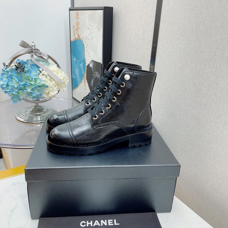 Chanel Moto boots lace up ankle boots classic rhombus and pearl inner CC big logo