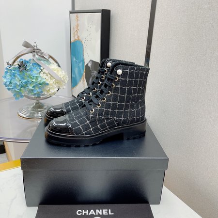 Chanel Moto boots lace up ankle boots classic rhombus and pearl inner CC big logo