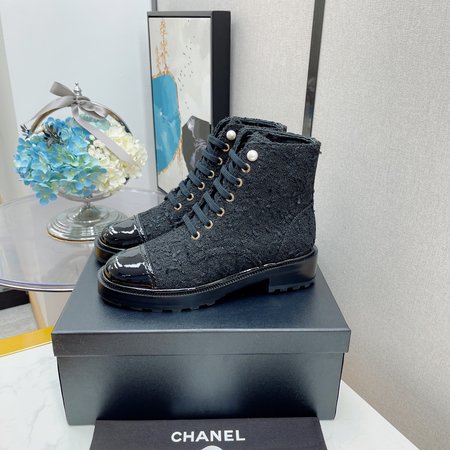 Chanel Moto boots lace up ankle boots classic rhombus and pearl inner CC big logo