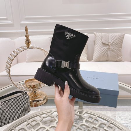 Prada Triangle Logo Boots in Black Calfskin with Nylon