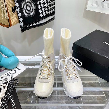 Chanel Stretch sneakers knitting yarn + cowhide + metal Martin buckle