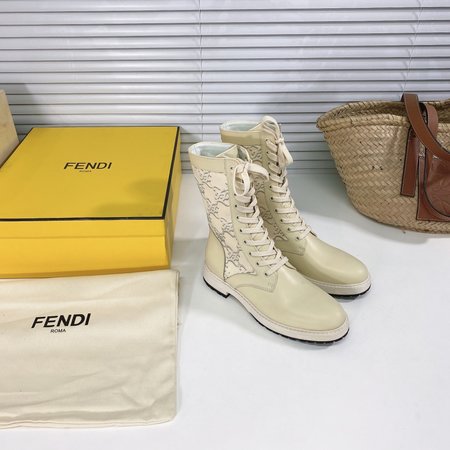 Fendi Knitted logo lace-up booties in cowhide and sheepskin