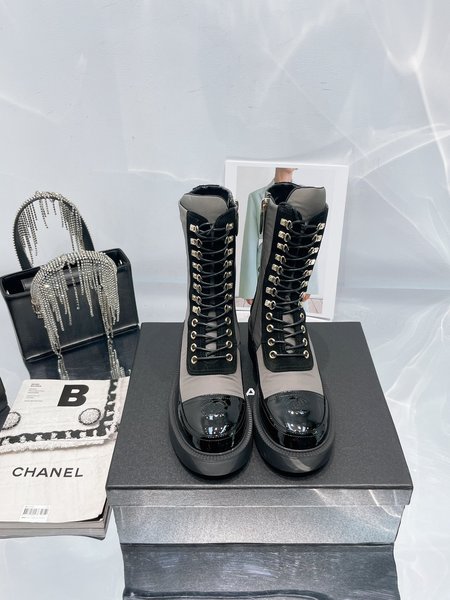 Chanel Vantage Moto boots calfskin + satin cloth lining sheepskin