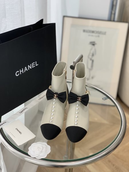 Chanel Pearl Bowknot Short Boots Sheepskin Soft 5cm Heel Height