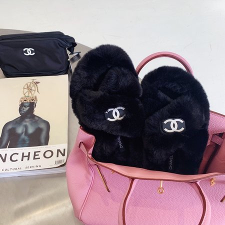 Chanel Faux Fur Cross Slippers