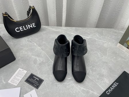 Chanel Embroidered letter zip ankle boots in sheepskin