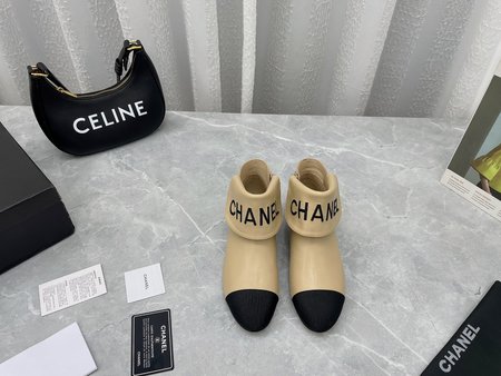 Chanel Embroidered letter zip ankle boots in sheepskin