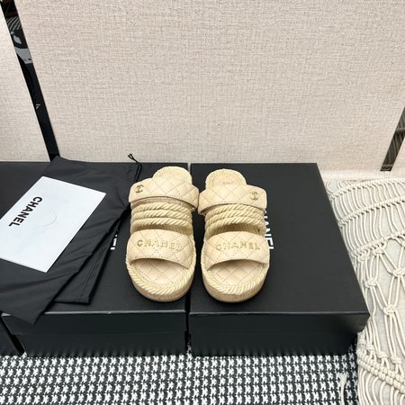 Chanel Straw Rope Velcro Slippers